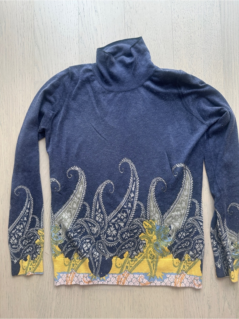 Etro Navy mock Turtleneck Sweater with Paisley Border size 44
